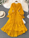 Bjlxn Holiday Style Ankle Length Long Dresses Women  Spring New V Neck Puff Sleeve Lace Elegant Evening Party Summer Dress