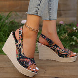 Bohemian Style Print Wedge Sandals for Women Peep Toe Chunky Platform Shoes Woman Summer Thick Bottom Gladiator Sandalias Mujer