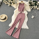 Women Casual Pants Set Fashion Bodycon Slim Short Tank Top +Striped Wide Legs Long Pants Solid Summer Two Piece Suit