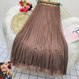 Bjlxn Both Sides Wear Pearls Mesh Skirt Women Summer Velvet High Waist Long Skirts Woman Solid Color A Line Pleated Skirts