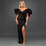 Sexy Women Even Dress Sequin Off Shoulder Fluffy Sleeve High Slit Velvet Robes Big Size Maxi Long Formal Party Evening Prom Gown