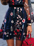 Spring Summer Women Long Sleeve Dress Square Neck Floral Embroidery Lantern Sleeve Casual Dress