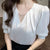 Blouses Top Femme Short Sleeve Blouse Women Blusas Mujer De Moda Verano Beading V-Neck Chiffon White Blouse Shirt Tops E800