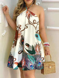 Tropical Print Halter Backless Casual Dress Women Strapless Summer Dress