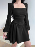 Korean Style Spring A-Line Dress For Women 2023 New Square Collar Puff Sleeve Mini Dresses Casual Elegant Ladies Robe