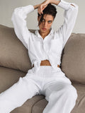 Linad White Pajamas For Women Cotton Long Sleeve 2 Piece Sets Nightwear Female Casual Trouser Suits Solid Autumn Sleepwear