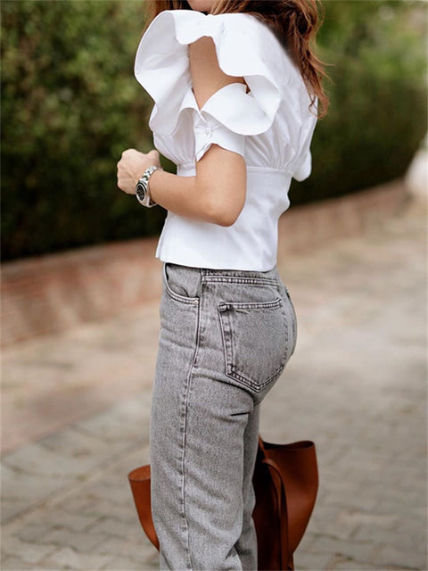 Women Fashion Ruffles White Shirts Celmia Elegant Office Tops Tunic Half Sleeve Summer Blouses Casual Loose Buttons Blusas