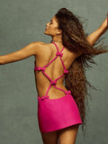 Summer New Arrival Sleeveless Halter Sexy Fuchsia High Waist Bow Bandage Hollow Out Slim Short Mini Dress GE914