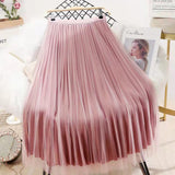 Bjlxn Both Sides Wear Pearls Mesh Skirt Women Summer Velvet High Waist Long Skirts Woman Solid Color A Line Pleated Skirts