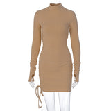 Turtleneck Knitted Sweater Dress Women Long Sleeve Mini Dress Drawstring Ruched Bodycon Fall Winter Dresses