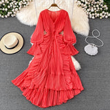 Bjlxn Holiday Style Ankle Length Long Dresses Women  Spring New V Neck Puff Sleeve Lace Elegant Evening Party Summer Dress