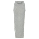 Gray High Waist Pocket Pleated Maxi Skirt Women Clothes Summer Casual Irregular Bodycon Long Skirts Sexy Streetwear