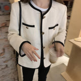 Korean Female White Tweed Basic Jacket Coat Women Clothing Outerwear Coats Channel Style Suit Cropped Stripeed Kawaii Channel