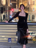 High Quality Spring New Women Elegant Long Black Velvet Dress Sexy Prom Evening Party Birthday Club Fashion  One Piece Clothing