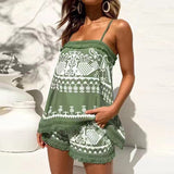 Women's Fashion Tassel Suits Retro Printed Sexy Sleeveless Sling Vest Shorts Summer Casual Straight Sets Ladies Elegant Commute