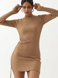 Turtleneck Knitted Sweater Dress Women Long Sleeve Mini Dress Drawstring Ruched Bodycon Fall Winter Dresses