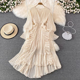 Bjlxn Holiday Style Ankle Length Long Dresses Women  Spring New V Neck Puff Sleeve Lace Elegant Evening Party Summer Dress