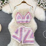 Knitted Crochet Two Piece Set Women Sexy V-Neck Cropped Tank Top and High Waist Shorts Matching Summer 2023 Beach Outfits