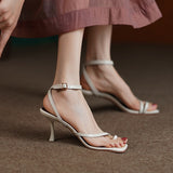 Summer Sandals Narrow Band  Cowhide Women Sandals One Strap Sandals Thin High Heels Buckle Flip Flops Ladies Elegant Shoes