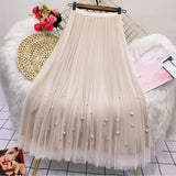 Bjlxn Both Sides Wear Pearls Mesh Skirt Women Summer Velvet High Waist Long Skirts Woman Solid Color A Line Pleated Skirts