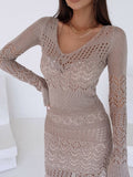 Crochet Knitted  Summer Beach Dress Women V Neck See Through Sweater Dresses Solid Long Sleeve Casual Bikini Wear