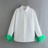 Bjlxn Vintage Elegant Tops Women Cuff Stitching Green Furry Shirt Female Fashion Casual Long Sleeve T Shirt Spring Chic Blouse