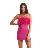 Sexy Feather Sequined Clubwear Strapless Ostrich Embellished Glitter Rose Mini Birthday Party Bodycon Dress