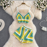 Knitted Crochet Two Piece Set Women Sexy V-Neck Cropped Tank Top and High Waist Shorts Matching Summer 2023 Beach Outfits