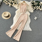 Women Casual Pants Set Fashion Bodycon Slim Short Tank Top +Striped Wide Legs Long Pants Solid Summer Two Piece Suit