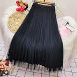 Bjlxn Both Sides Wear Pearls Mesh Skirt Women Summer Velvet High Waist Long Skirts Woman Solid Color A Line Pleated Skirts