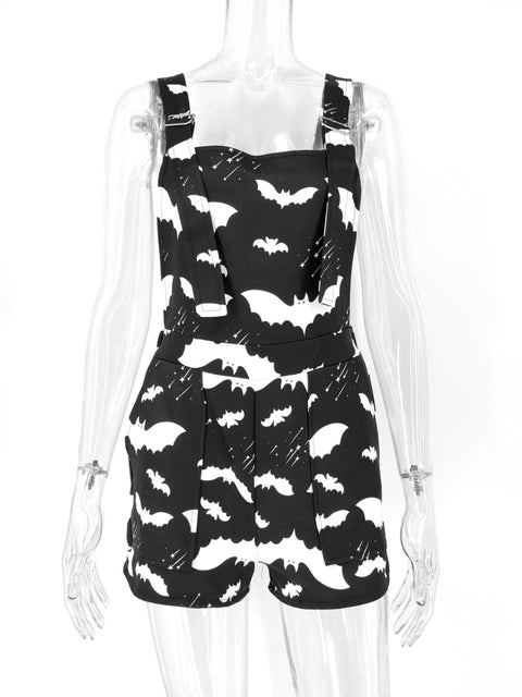 Bjlxn Bat Pattern Overalls Gothic Emo Printed Bodysuits Women Grunge Punk Bodycon Aesthetic Sexy Club Rompers with Pockets