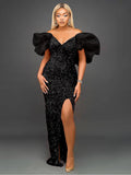 Sexy Women Even Dress Sequin Off Shoulder Fluffy Sleeve High Slit Velvet Robes Big Size Maxi Long Formal Party Evening Prom Gown