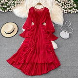 Bjlxn Holiday Style Ankle Length Long Dresses Women  Spring New V Neck Puff Sleeve Lace Elegant Evening Party Summer Dress