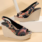 Bohemian Style Print Wedge Sandals for Women Peep Toe Chunky Platform Shoes Woman Summer Thick Bottom Gladiator Sandalias Mujer