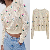 Spring Women Flowers Embroidery Jumpers Fashion Knitting Sweater Female Chic Basic O Neck Long Sleeve Pullovers Tops