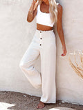 Spring Autumn Button Wide Leg Pants Women Solid Casual Cotton Linen Long Pants Elegant Female Slim Straight Thin Trousers