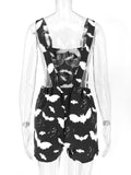 Bjlxn Bat Pattern Overalls Gothic Emo Printed Bodysuits Women Grunge Punk Bodycon Aesthetic Sexy Club Rompers with Pockets