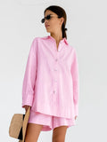 Loose Women's Home Clothes 2 Piece Sets Pink Long Sleeve Sleepwear Female Casual Suits With Shorts 2023 Spring Solid