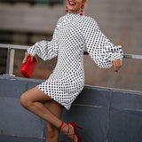 Fashion OL Bohemian Dress Women Puff Sleeve Sundress Casual Polka Dot Knee Vestido Party Holiday Turtleneck Robe Longue 7