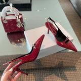 Solid Pointed Toe Slingbacks Patent Leather High Heels Buckle Strap Stiletto Pumps Metal Decor Women Shoes Sexy Shallow Zapatos