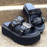 Goth Punk Large Thick bottom Slippers Female Summer 2023 New Punk Bat Decorative Belt Buckle Slope Heel Sandals Female