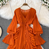 Bjlxn Holiday Style Ankle Length Long Dresses Women  Spring New V Neck Puff Sleeve Lace Elegant Evening Party Summer Dress