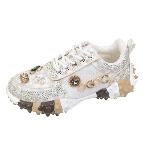 Spring Summer Rhinestone Women Sneakser Ins Tide Diamond Breathable Luxury Designers Casual Thick Bottoms Dad Shoes