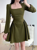 Korean Style Spring A-Line Dress For Women 2023 New Square Collar Puff Sleeve Mini Dresses Casual Elegant Ladies Robe