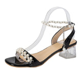 Fashion Pearl Ankle Strap Sandals for Women 2023 Summer Transparent Square Heels Sandalias Mujer String Bead Party Shoes Woman