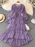 Bjlxn Holiday Style Ankle Length Long Dresses Women  Spring New V Neck Puff Sleeve Lace Elegant Evening Party Summer Dress