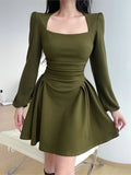 Korean Style Spring A-Line Dress For Women 2023 New Square Collar Puff Sleeve Mini Dresses Casual Elegant Ladies Robe