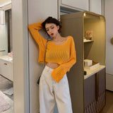 New Spring Summer Women Casual Loose V-neck Knitted Long Sleeve T-shirt Autumn Sexy Club Solid Off Shoulder Thin Crop Tops Shirt