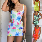 Bjlxn New Sexy Womens 2 Piece Summer Outfits Fashion Printed Zipper Back Strap Corset Tops + Mini Skirt Set Club Street Casual Outfit