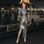 Women Slit Vintage High Silt Rhinestones Round Neck Long Sleeve Hollow Out See-Through Glitter Shiny Party Dress